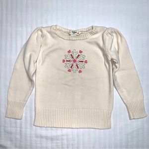 🆕 OshKosh Ivory Knit Snowflake Heart Applique Girl Pullover Puff Sleeve Sweater
